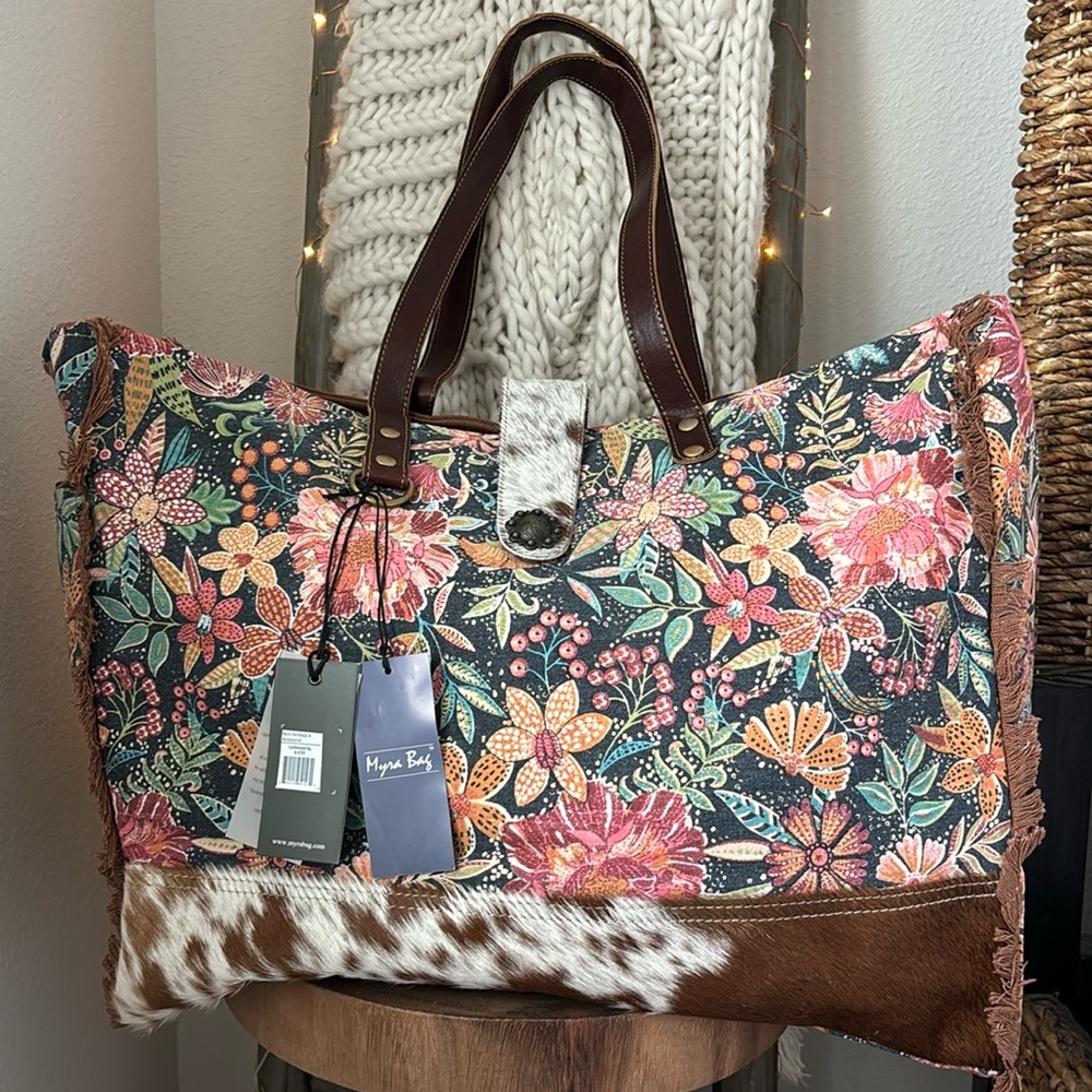 Myra Bag Floral Canvas Travel Bag with Brown Leather & Cowhide Trim